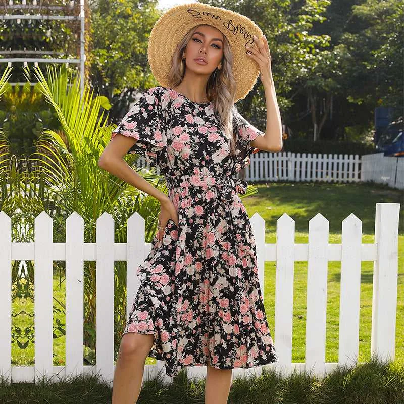 Women's Vintage-Inspired Clothing KittenAlarm - Allover Floral Butterfly Sleeve Belted Pleated Dress Women's Vintage-Inspired Clothing KittenAlarm - Allover Floral Butterfly Sleeve Belted Pleated Dress