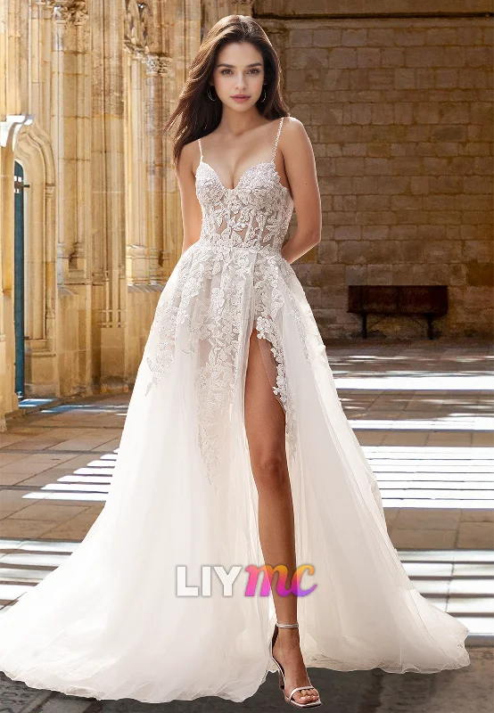 Tailored Clothing For Women V-Neck Spaghetti Straps Floral Appliques A-Line Beach Wedding Dress Tailored Clothing For Women V-Neck Spaghetti Straps Floral Appliques A-Line Beach Wedding Dress