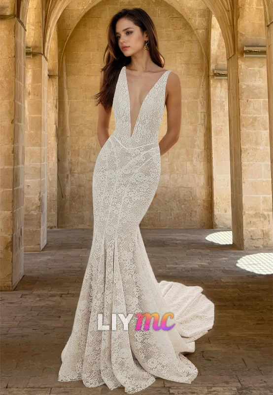 Women's Vacation Clothes V-Neck Sleeveless Lace Appliques Mermaid Wedding Dress