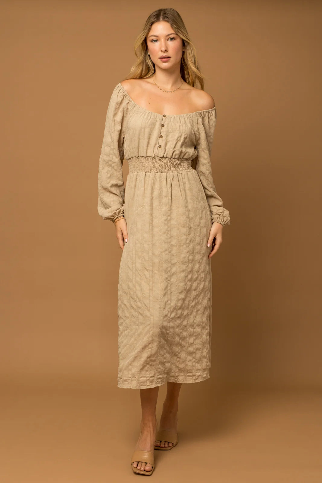 Luxury Women's Clothes Boho Textured Long-Sleeve Smocked-Waist Maxi Dress