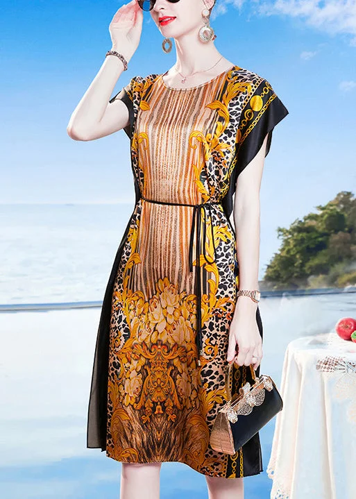 Women's Tops And Clothing Fashion Khaki O-Neck Print Side Open Sashes Silk Robe Dresses Short Sleeve Women's Tops And Clothing Fashion Khaki O-Neck Print Side Open Sashes Silk Robe Dresses Short Sleeve