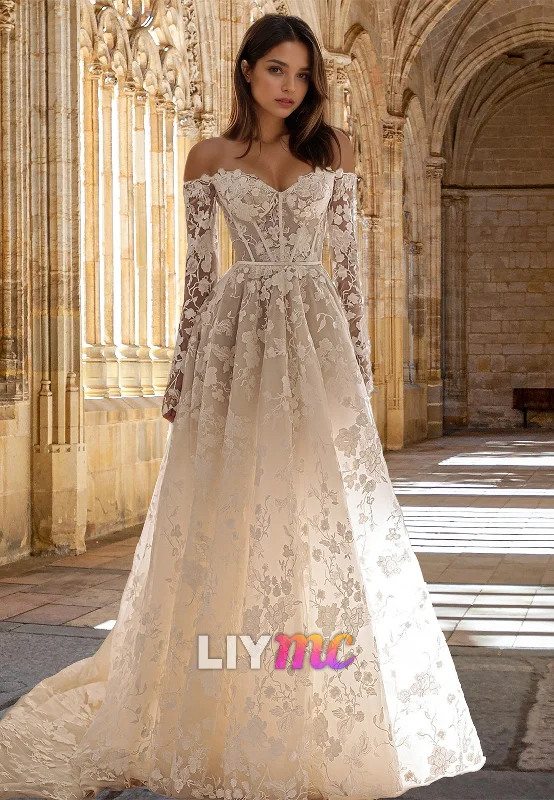 Women's Party Clothes Sweetheart Long Sleeves Floral Appliques A-Line Wedding Dress Women's Party Clothes Sweetheart Long Sleeves Floral Appliques A-Line Wedding Dress