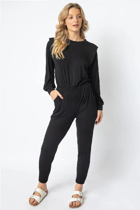 Trendy Fashion For Women Black Shoulder Pad Long Sleeve Jumpsuit