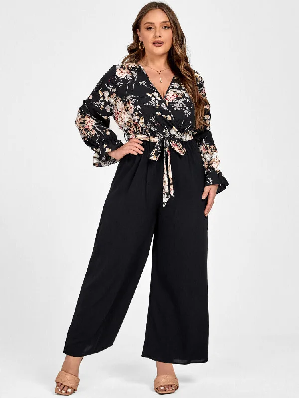 Premium Quality Garments Plus Floral Patchwork Wrap Belted Pocket Jumpsuit