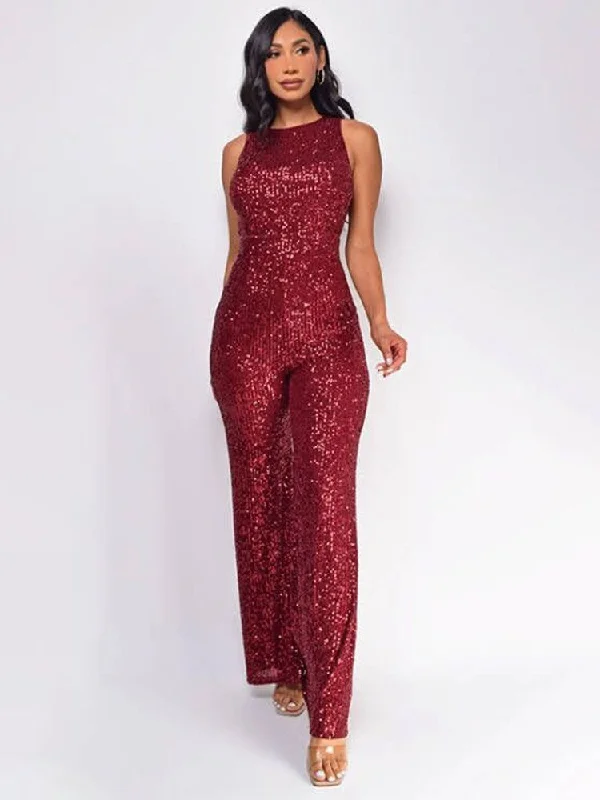 Affordable Fashion for Women Patchwork Sequin Sleeveless Wide Leg Jumpsuits