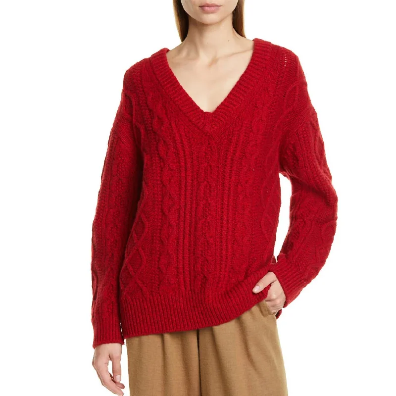 Women's Office Clothing V Neck Cable Knit Sweater In Cherry