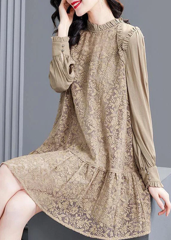 Exclusive Women's Fashion Collection Modern Khaki Stand Collar Patchwork Wrinkled Lace Dress Spring