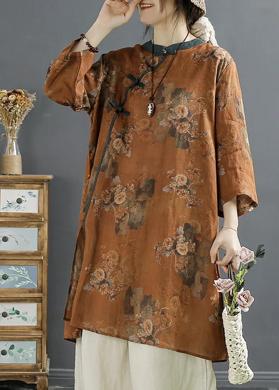 Women's Clothes For The Office Khaki Print Linen Mid Dress Chinese Style Bracelet Sleeve Women's Clothes For The Office Khaki Print Linen Mid Dress Chinese Style Bracelet Sleeve