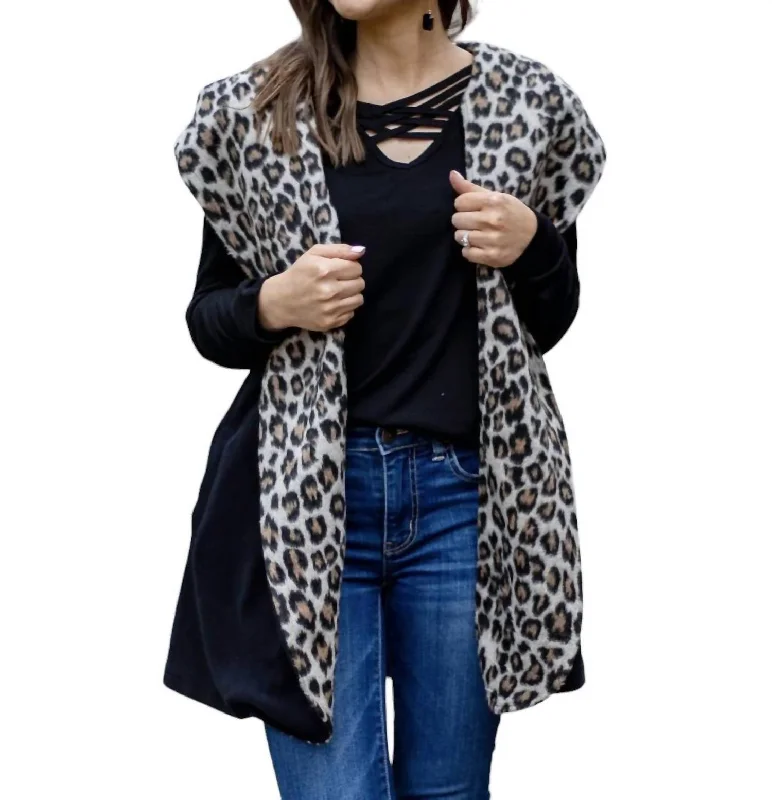 Women's Comfortable Clothes For Weekends Warm & Together Vest Cardigan Hoodie In Black With Leopard