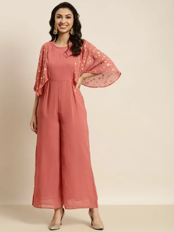 Women's Sporty Chic Clothes Women Rust Foil Print Flared Sleeve Jumpsuit