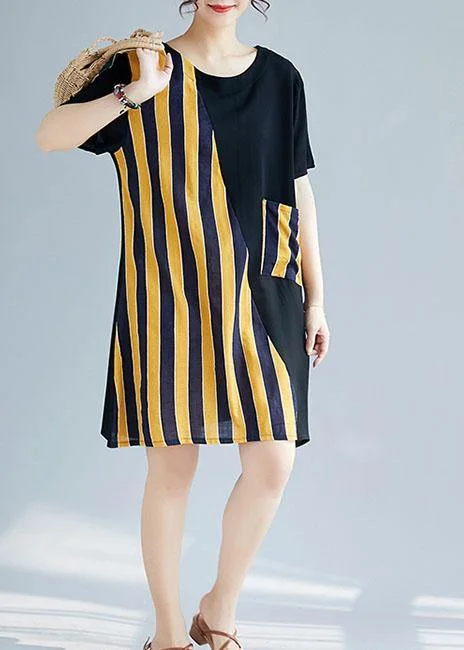 Women's Casual Wear Clothes French o neck patchwork Cotton clothes Photography black yellow striped Dresses summer Women's Casual Wear Clothes French o neck patchwork Cotton clothes Photography black yellow striped Dresses summer