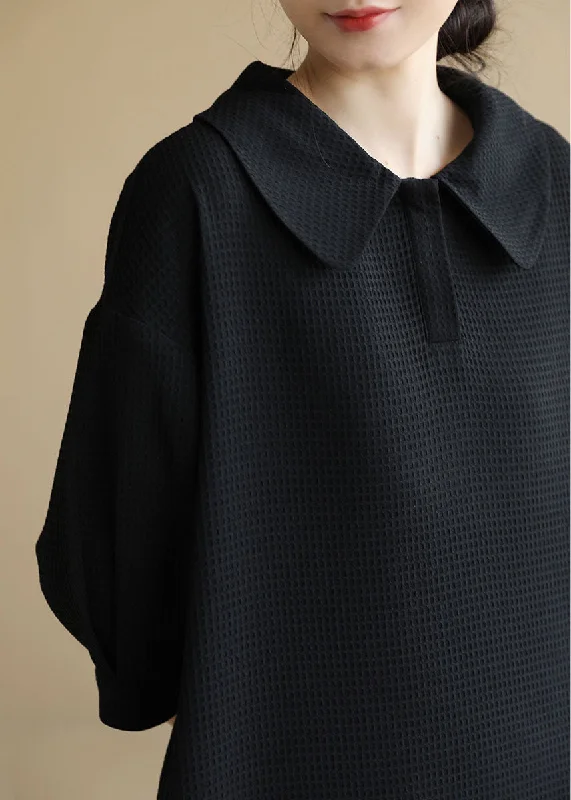 Vintage Clothing For Women French Black Peter Pan Collar Waffle Cotton vacation Mid Dress Bracelet Sleeve Vintage Clothing For Women French Black Peter Pan Collar Waffle Cotton vacation Mid Dress Bracelet Sleeve