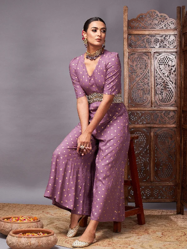Luxury Women's Clothes Women Lilac Foil Print Lace Detail Jumpsuit