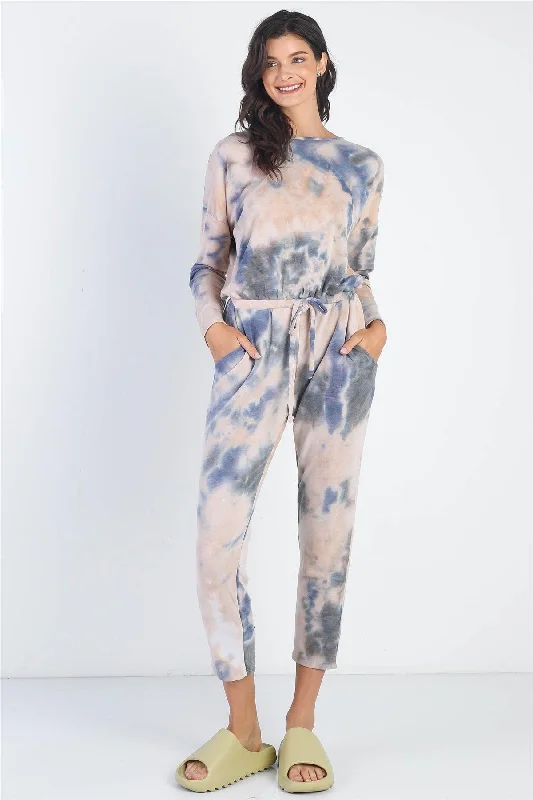 Festival Fashion Tie-Dye Button Loop Round Neck Long Sleeve Jumpsuit