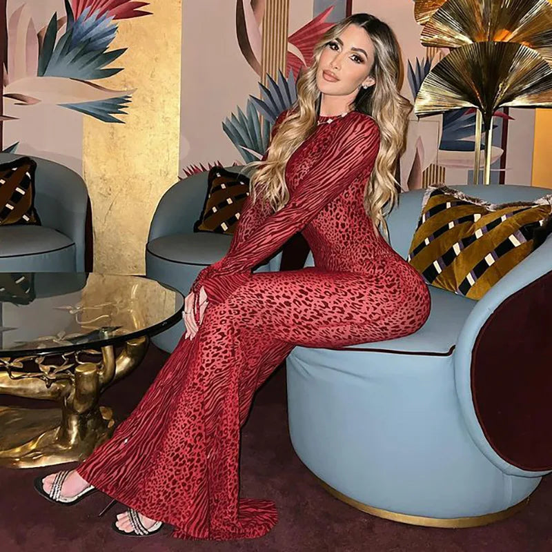 Women's Elegant Clothing Sets Red Leopard Sexy Mesh See Through Slim Flare Sleeve Party Maxi Dress Women's Elegant Clothing Sets Red Leopard Sexy Mesh See Through Slim Flare Sleeve Party Maxi Dress