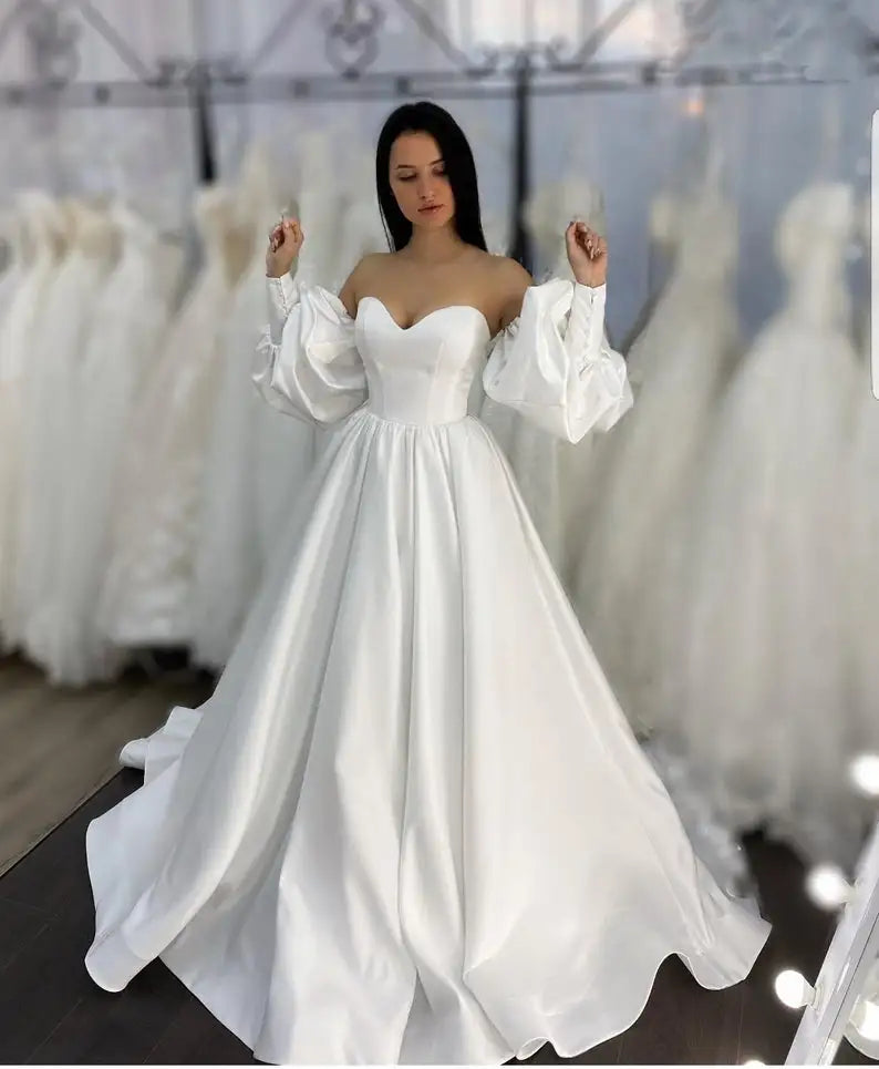 Women's Fashion Clothes Plus Size Wedding Dresses Sweetheart A Line Simple Wedding Gown Satin White Ivory Long Detachable Puffy Sleeves Bride Dress Women's Fashion Clothes Plus Size Wedding Dresses Sweetheart A Line Simple Wedding Gown Satin White Ivory Long Detachable Puffy Sleeves Bride Dress