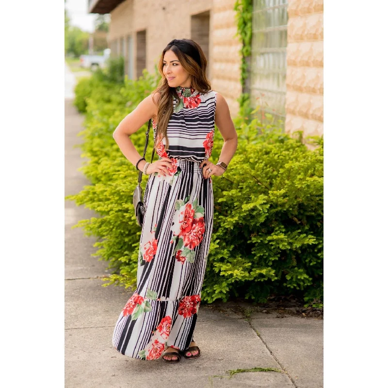 Explore What's New Floral Striped Ruffle Trim Tank Maxi