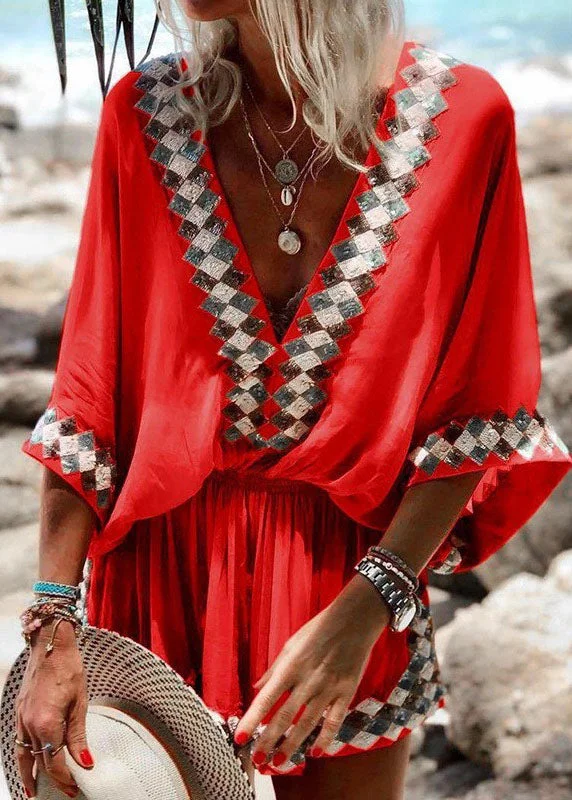 Luxury Women's Clothes Bohemian Red V Neck Wrinkled Elastic Waist Print Mid Dress Half Sleeve Luxury Women's Clothes Bohemian Red V Neck Wrinkled Elastic Waist Print Mid Dress Half Sleeve