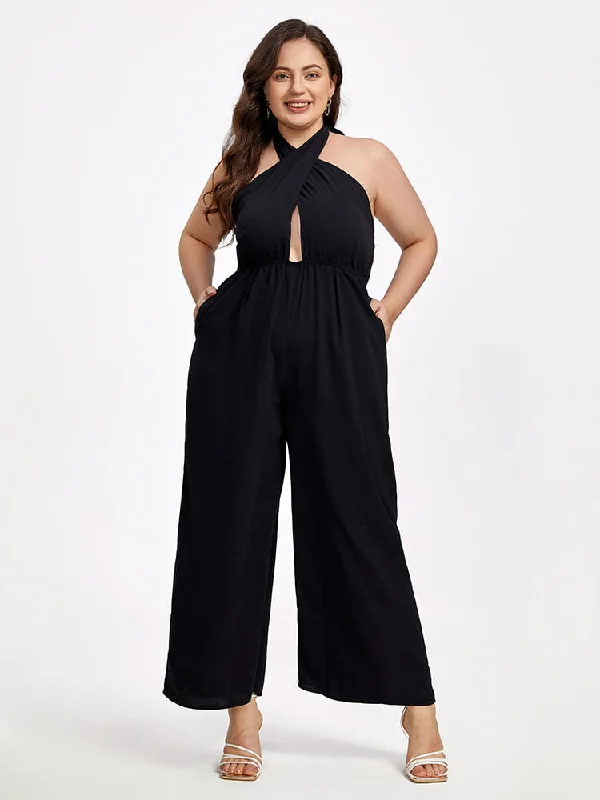 Fashion Sale Plus Black Halter Crisscross Pocket Elastic Waist Wide Leg Jumpsuit