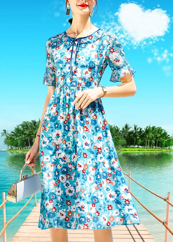 Women's Evening Clothing French Blue O-Neck Lace Up Print Silk Beach Dress Short Sleeve Women's Evening Clothing French Blue O-Neck Lace Up Print Silk Beach Dress Short Sleeve
