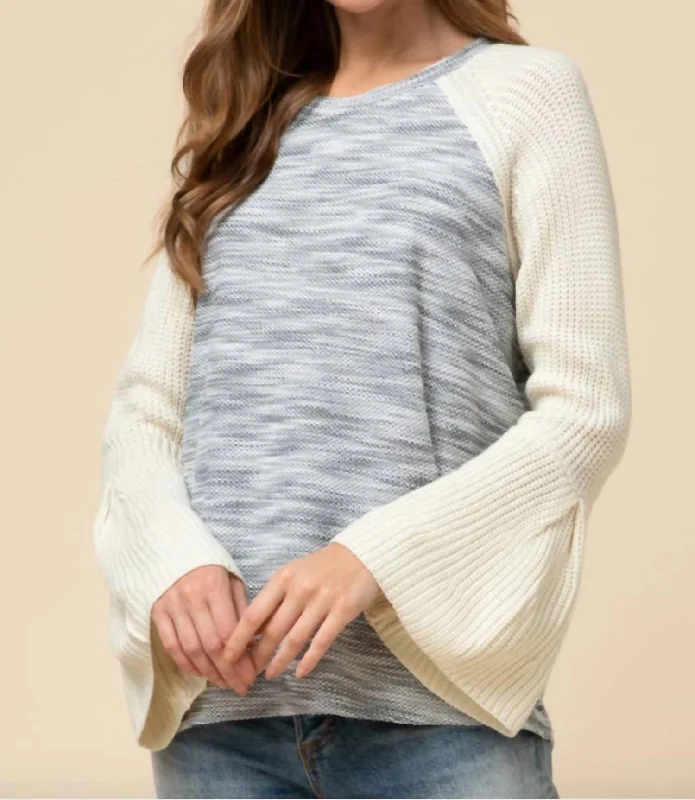 Women's Relaxed Clothes Bell Sleeve Top Sweater In Blue & Cream
