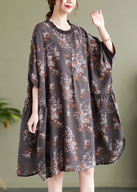 Winter Wardrobe Clearance Natural Chocolate O-Nec Ruffled Patchwork Print Mid Dress Half Sleeve