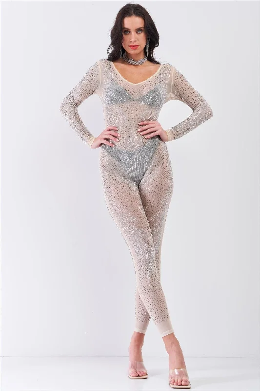 New Arrival Discounts Nude Rhinestone Sheer Long Sleeve Bodycon Jumpsuit