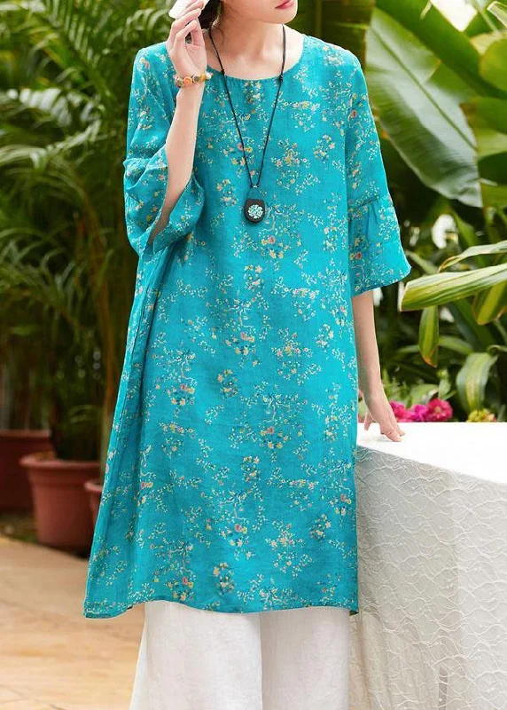 Stylish Clothes For Women Natural blue print linen clothes o neck flare sleeve Midi summer Dress Stylish Clothes For Women Natural blue print linen clothes o neck flare sleeve Midi summer Dress