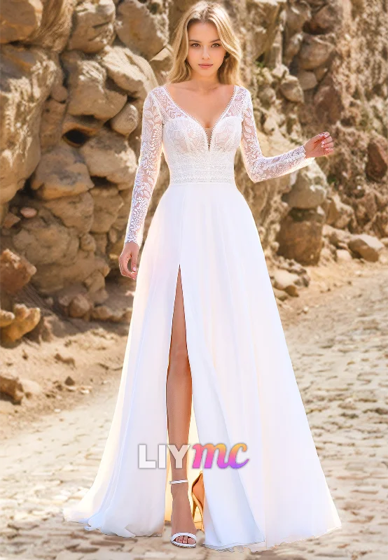 Affordable Women's Clothing V-Neck Long Sleeves Appliques A-Line Beach Wedding Dress Affordable Women's Clothing V-Neck Long Sleeves Appliques A-Line Beach Wedding Dress