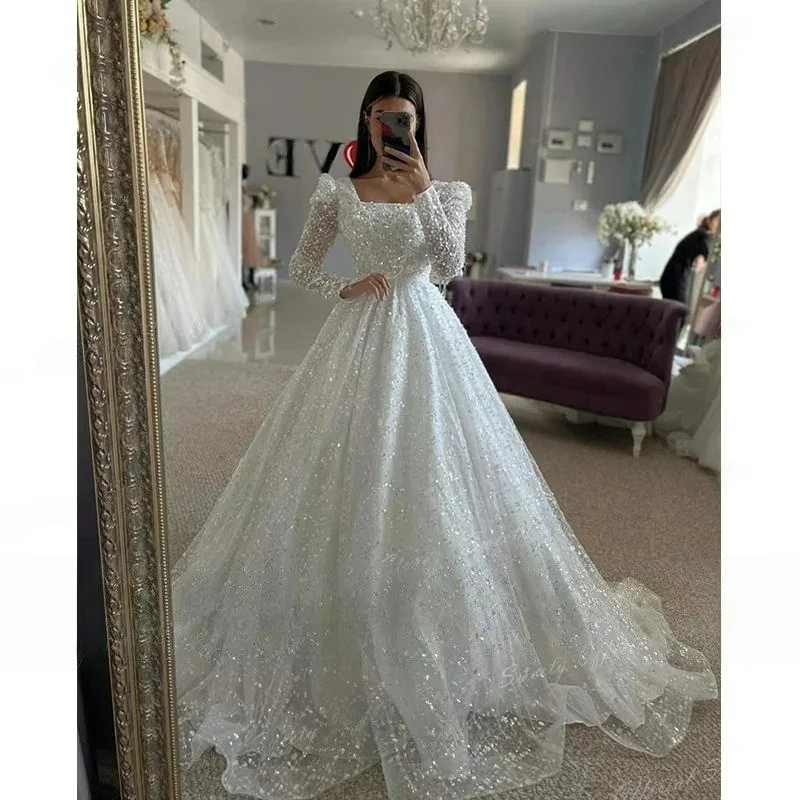 Affordable Women's Clothes Luxurious Wedding Gowns With Beading Princess A-line Ball Gown Square Collar Full Sleeve Bride Dress Prom Dresses Robe De Marie Affordable Women's Clothes Luxurious Wedding Gowns With Beading Princess A-line Ball Gown Square Collar Full Sleeve Bride Dress Prom Dresses Robe De Marie