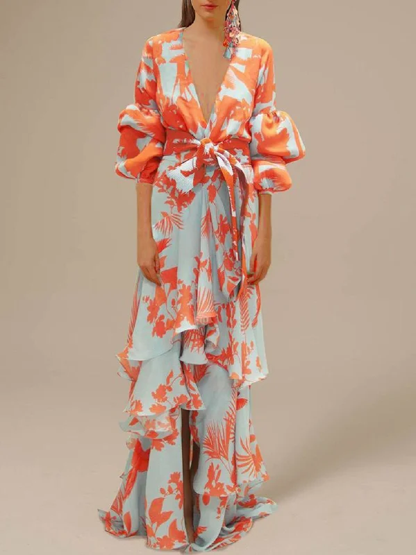 Sustainable Fashion Clothing For Women Deep V Neck Irregular Boho Print Chiffon Dress