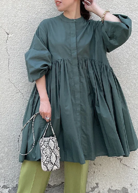 Current Trends Simple Green Stand Collar Wrinkled Patchwork Cotton Dress Spring