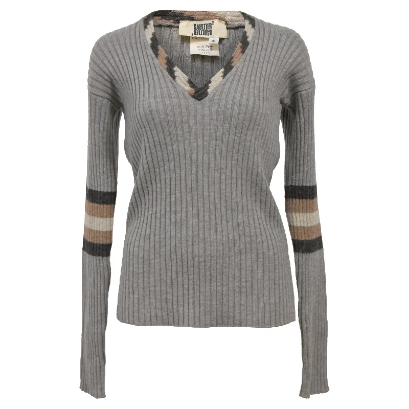 Luxury Women's Clothes Jean Paul Gaultier Ribbed Knit V-Neck Sweater in Grey Wool
