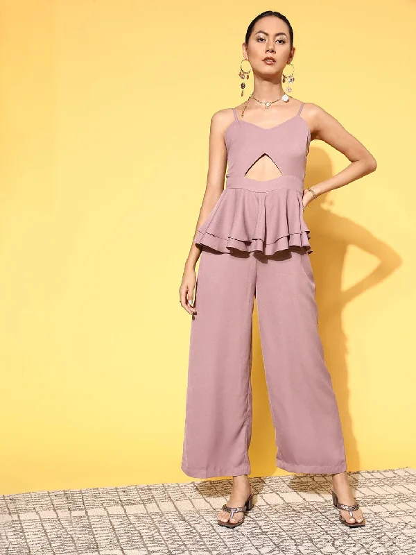 Women's Clothing For Holiday Travel Women Lavender Strappy Peplum Layered Jumpsuit