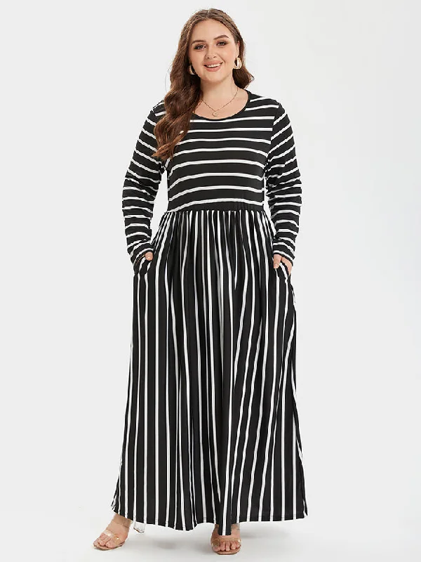 Women's Clothes For The Office Striped Print Round Neck Pocket Maxi Dress