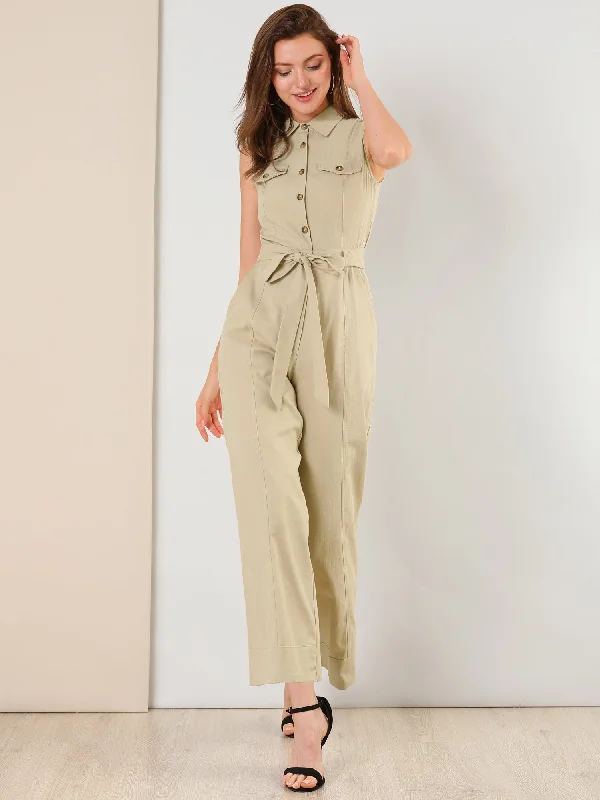 Fashion Deal Button Down Collared Wide Leg Tie Jumpsuit Sleeveless Jumpsuits