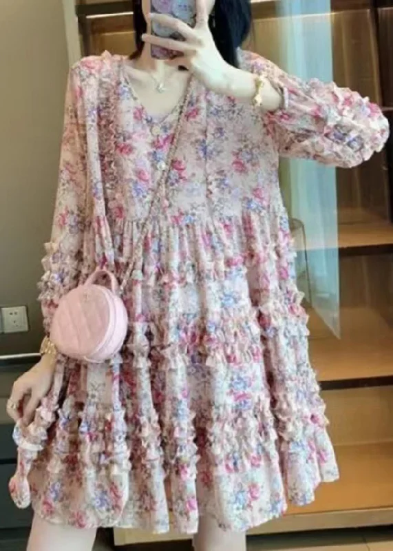 Fashion Forward, Function First Bohemian Pink V Neck Print Patchwork Ruffled Mid Dress Long Sleeve