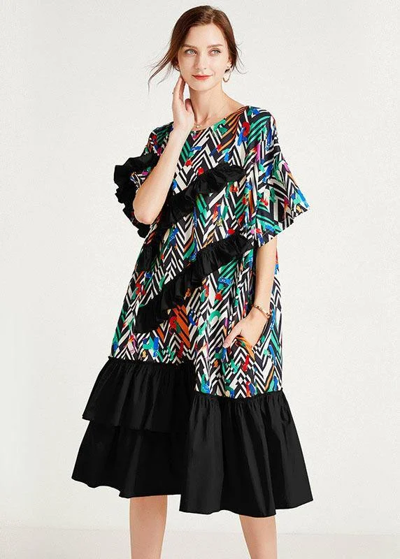 Women's Evening Clothes Fine Black Print O-Neck Patchwork Summer Long Dresses