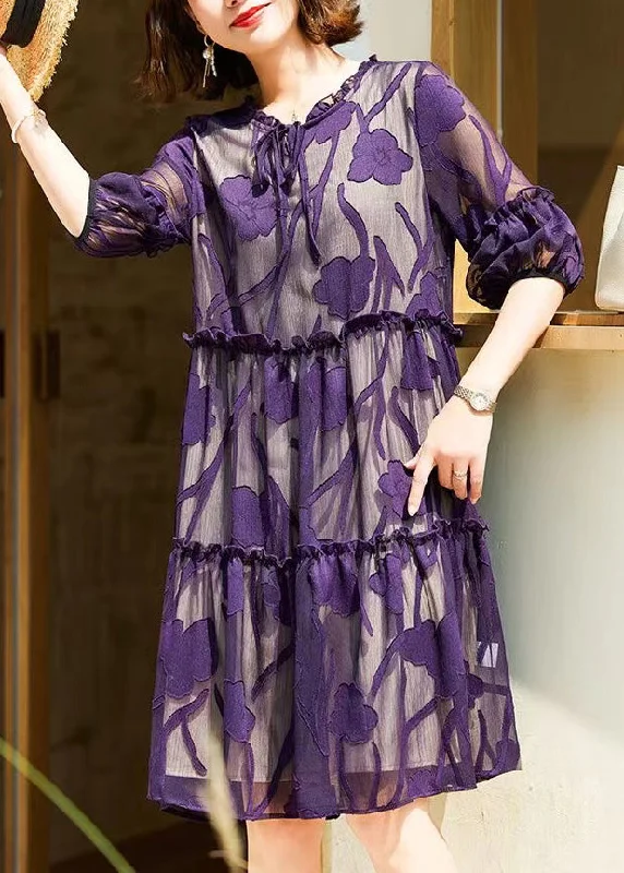 Trend Forward Threads For Her Italian Purple Ruffled Lace Up Chiffon Dresses Half Sleeve