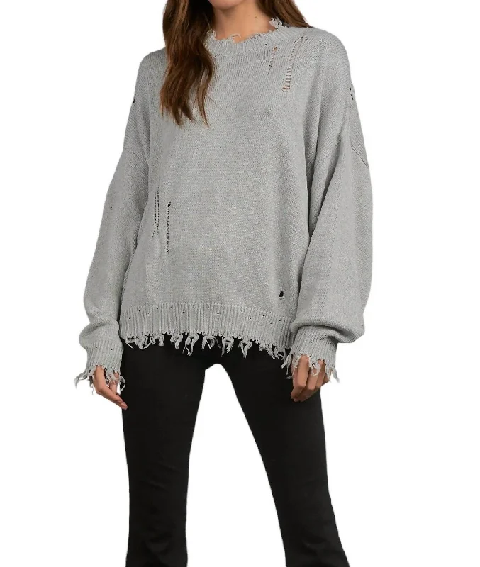 Stylish Outerwear Clothes For Women F22 Distressed Crewneck Sweater In Grey