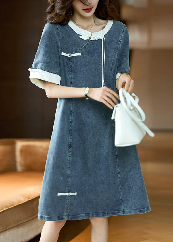 Women's Casual Dresses Beige Button Patchwork Denim Dress O Neck Short Sleeve