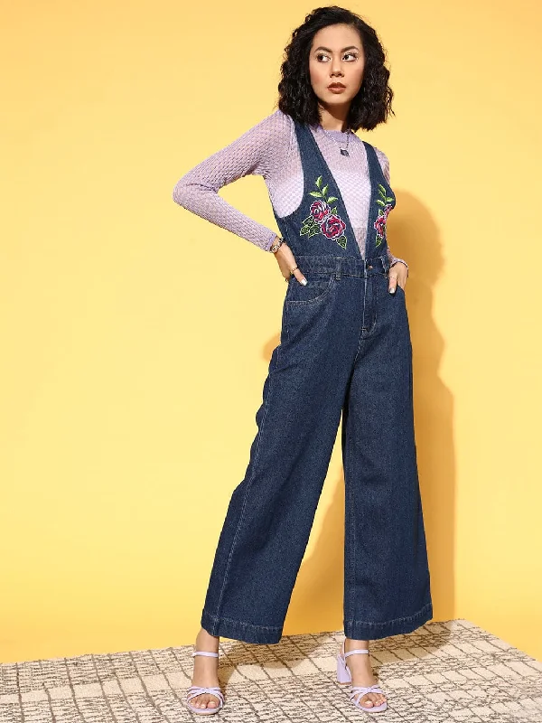 Women's Elegant Clothing Sets Women Dark Blue Embroidered Denim Jumpsuit