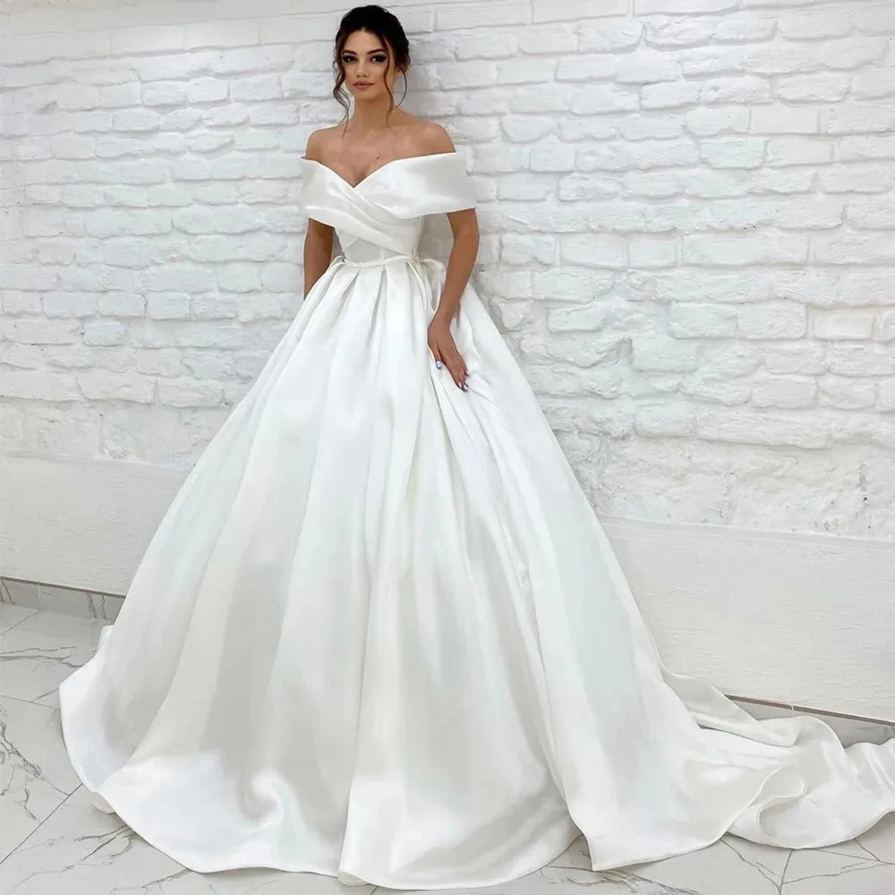 Women's Trendy Casual Clothes Simple Satin Wedding Dresses With Belt Cap Sleeves V neck Zipper Back Court Train Formal Bridal Gowns Vestido De Noiva Robe Women's Trendy Casual Clothes Simple Satin Wedding Dresses With Belt Cap Sleeves V neck Zipper Back Court Train Formal Bridal Gowns Vestido De Noiva Robe