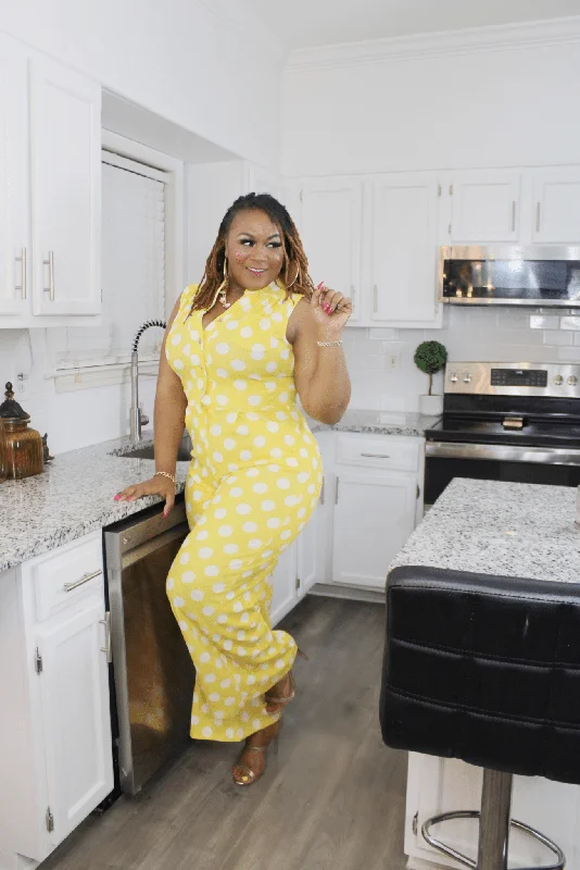 Online Boutiques Best Keep Me Polka Dot Yellow Stretchy Jumpsuit