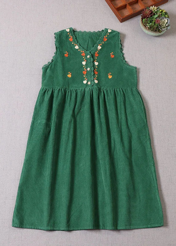 Women's Clothing With Trendy Designs Casual Green Embroideried Patchwork Corduroy Vacation Dresses Sleeveless Women's Clothing With Trendy Designs Casual Green Embroideried Patchwork Corduroy Vacation Dresses Sleeveless