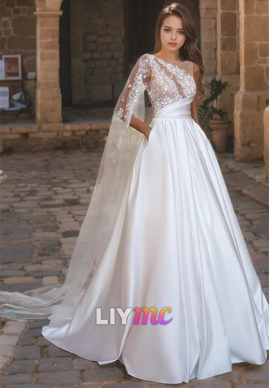 Women's Holiday Clothes One Shoulder Sleeveless Appliques Illusion Satin A-Line Wedding Dress