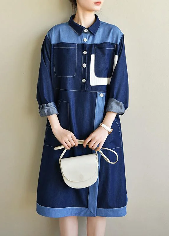 Elegant Clothing For Women DIY Navy Long sleeve Chiffon Dress Patchwork Mid Dress