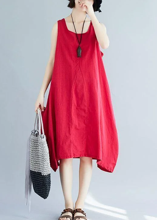 Women's Elegant Clothing Sets French red sleeveless linen clothes loose waist loose summer Dresses