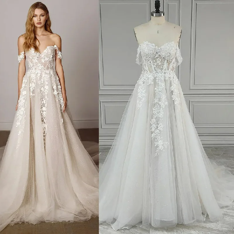 Women's Sporty Clothes Luxe Shimmer Tulle Off Shoulder Wedding Dress with Embroidered 3D Flowers Sweetheart Puffy Lace Up Custom Made Bridal Gowns Women's Sporty Clothes Luxe Shimmer Tulle Off Shoulder Wedding Dress with Embroidered 3D Flowers Sweetheart Puffy Lace Up Custom Made Bridal Gowns