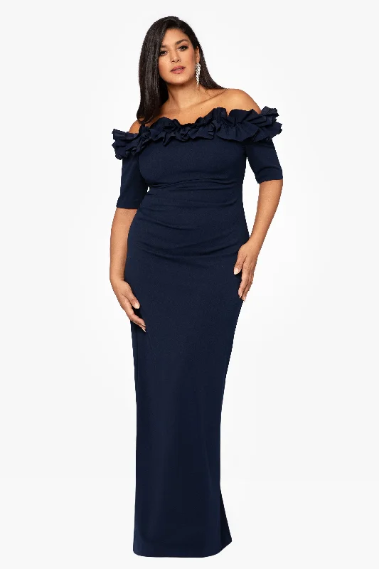 Flash Discount Plus "Isla" Long Crepe Off the Shoulder Ruffle Dress